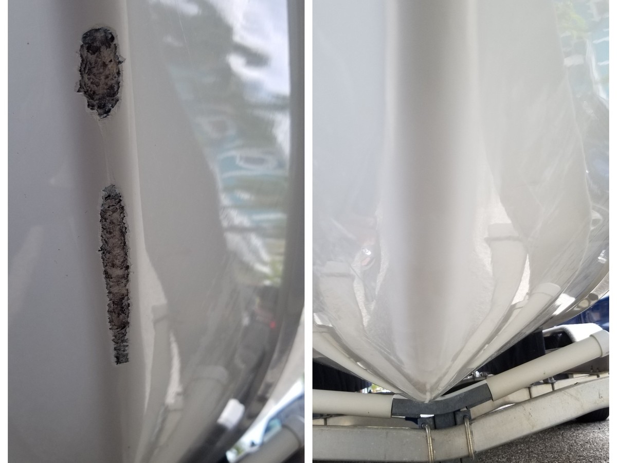 Apollo Beach white boat hull gouge and keel gelcoat repair by Gulf Coast Fiberglass and Gelcoat